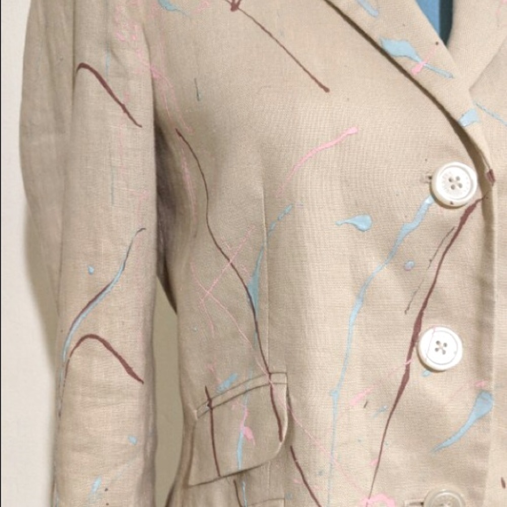 100% linen one of a kind reworked paint splatter light shoulder pad blazer